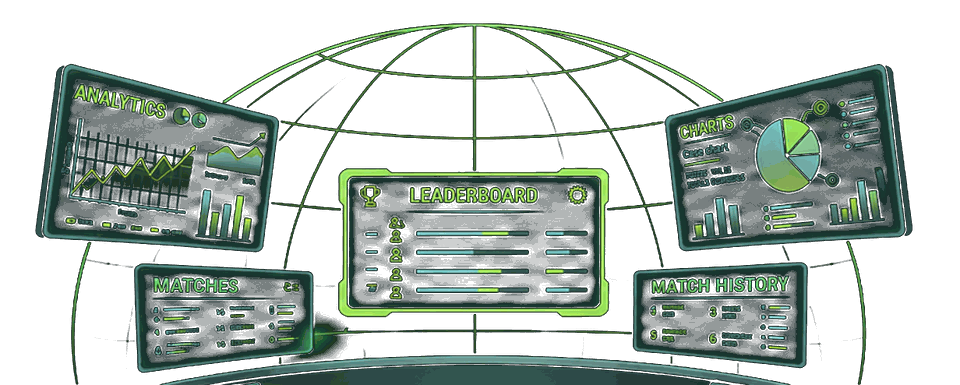 Neon dashboard panels — analytics, leaderboard, matches, charts and match history — arranged around a wireframe globe.