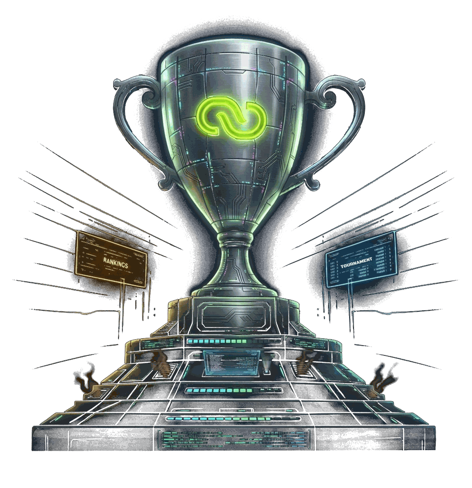 A neon circuit-etched trophy on a lit podium in a virtual arena, flanked by rankings and tournament boards.